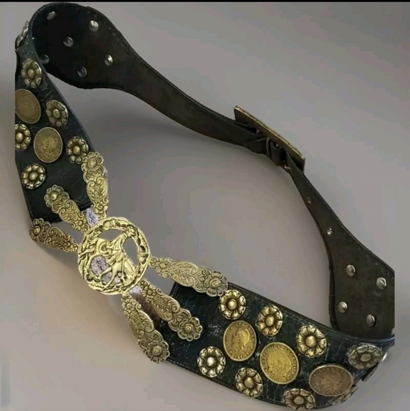 Vintage Argentine Leather Solid  Brass Flower And Coin Belt, Removable Buckle - Picture 1 of 13